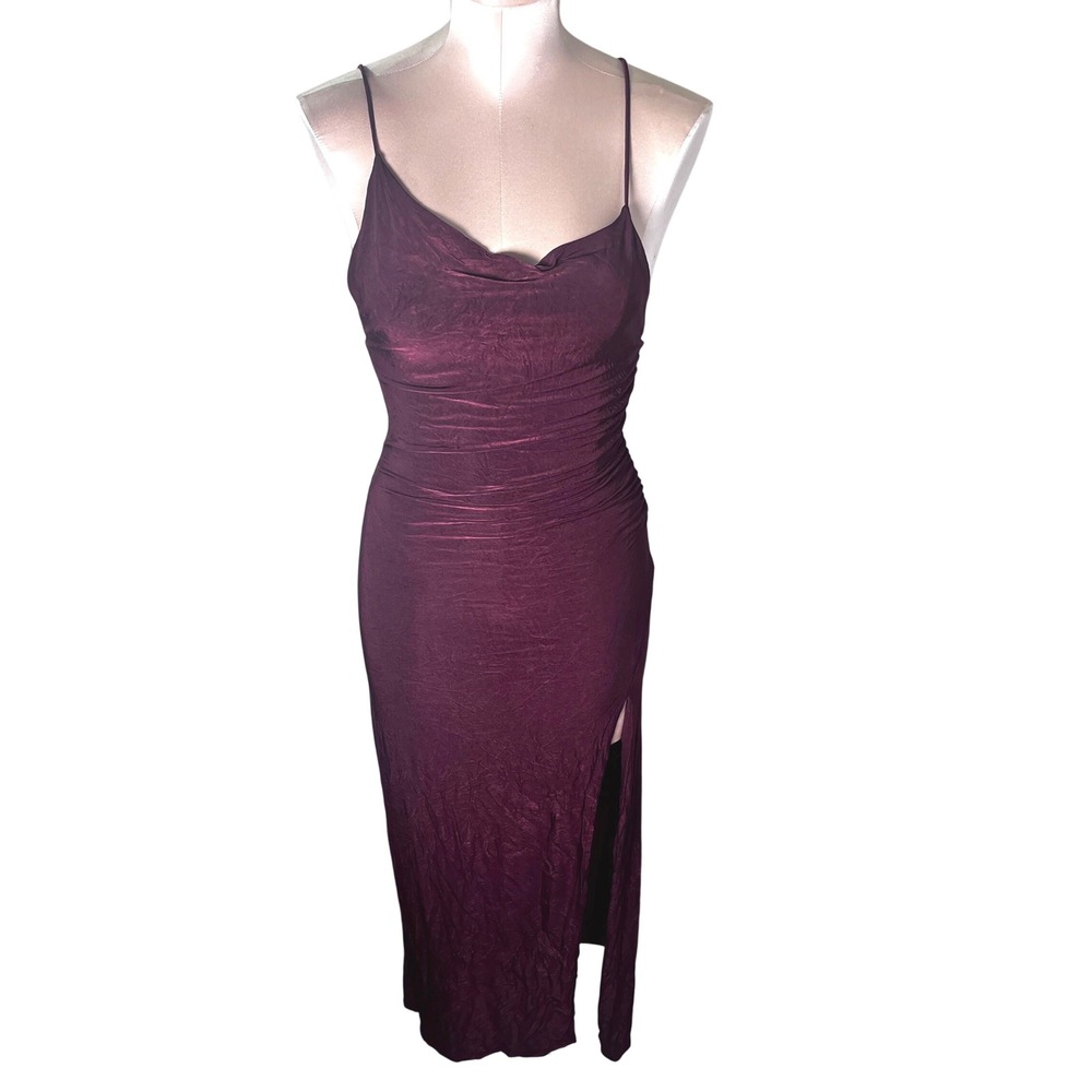 Pull&Bear Women Plum Cowl Neck Ruched Maxi Dress Open Back Slit Size S Slinky